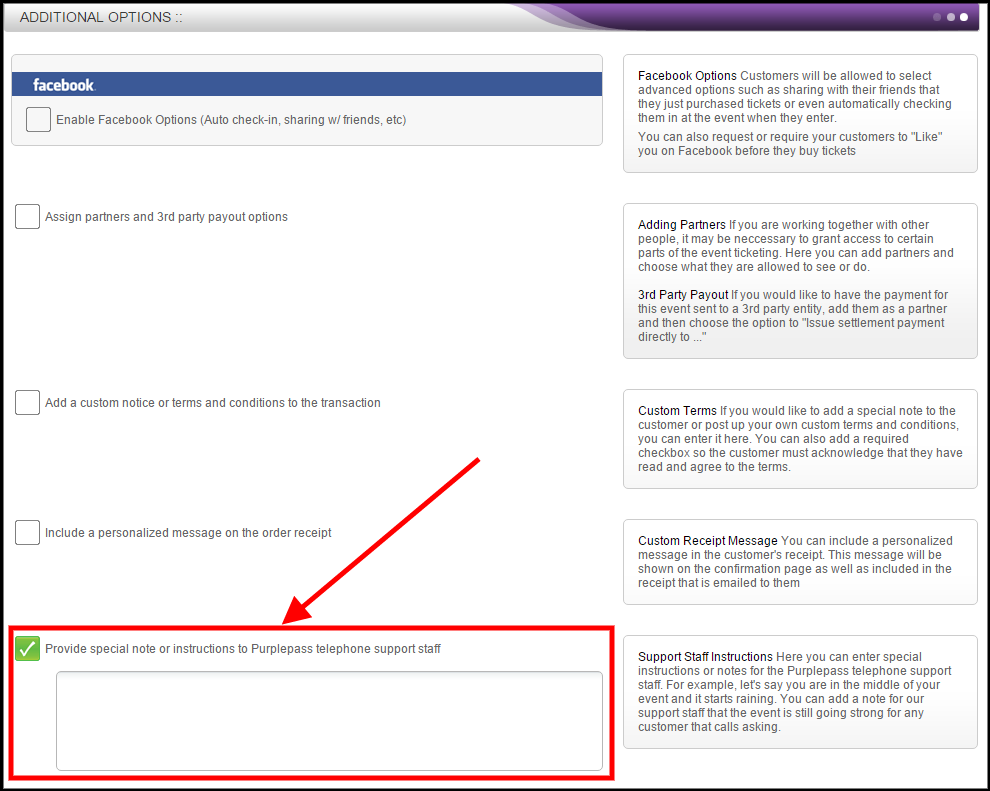 special note or instructions to purplepass telephone support staff