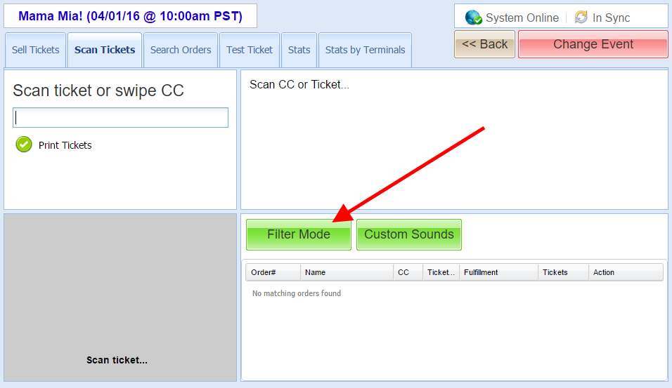 red arrow pointing to filter mode button