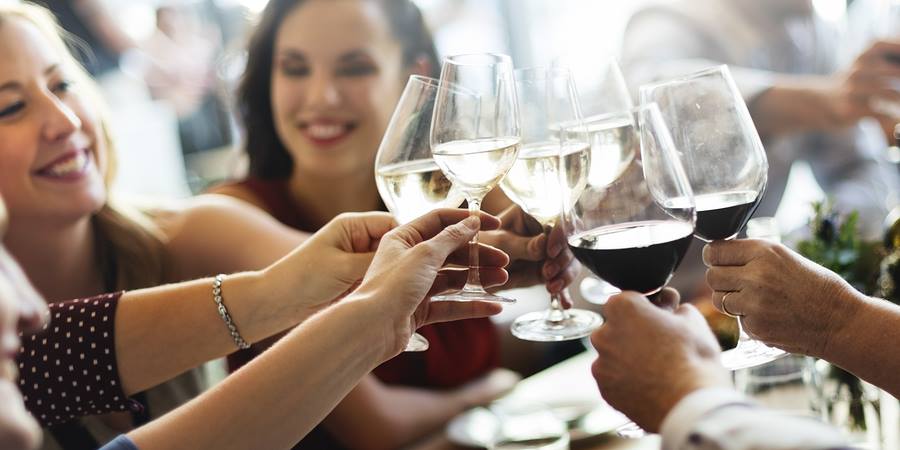 group of friends raising wine glasses for a toast