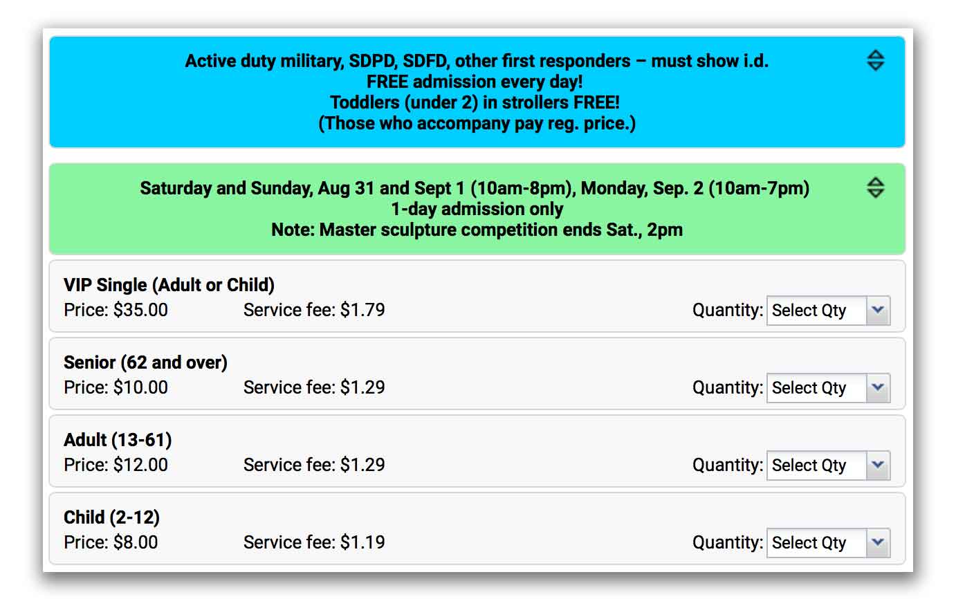 a ticketing platform showing ticketing options and corresponding prices