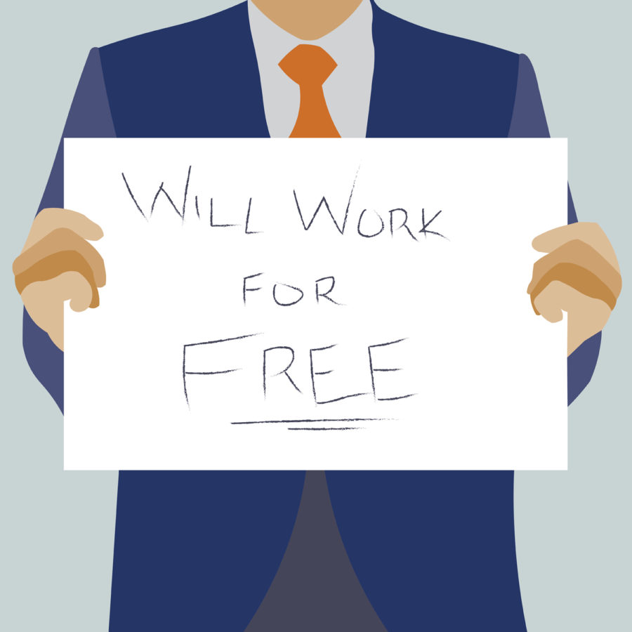 man in suit and tie icon holding a banner with text "will work for free"