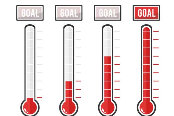 four thermometers with different levels and goal word above each