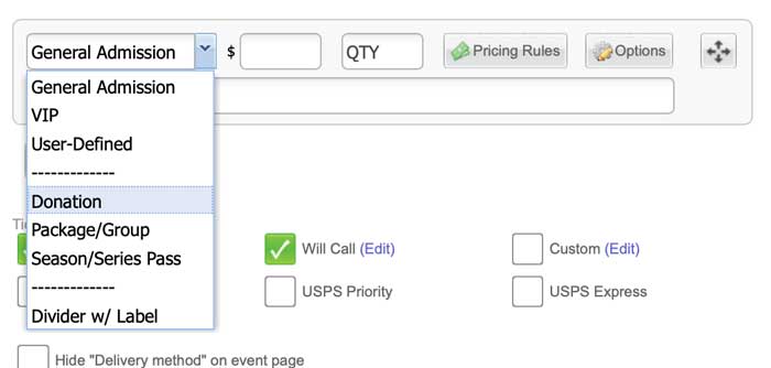 Donation is selected in the Ticket Pricing and Options section of Purplepass account