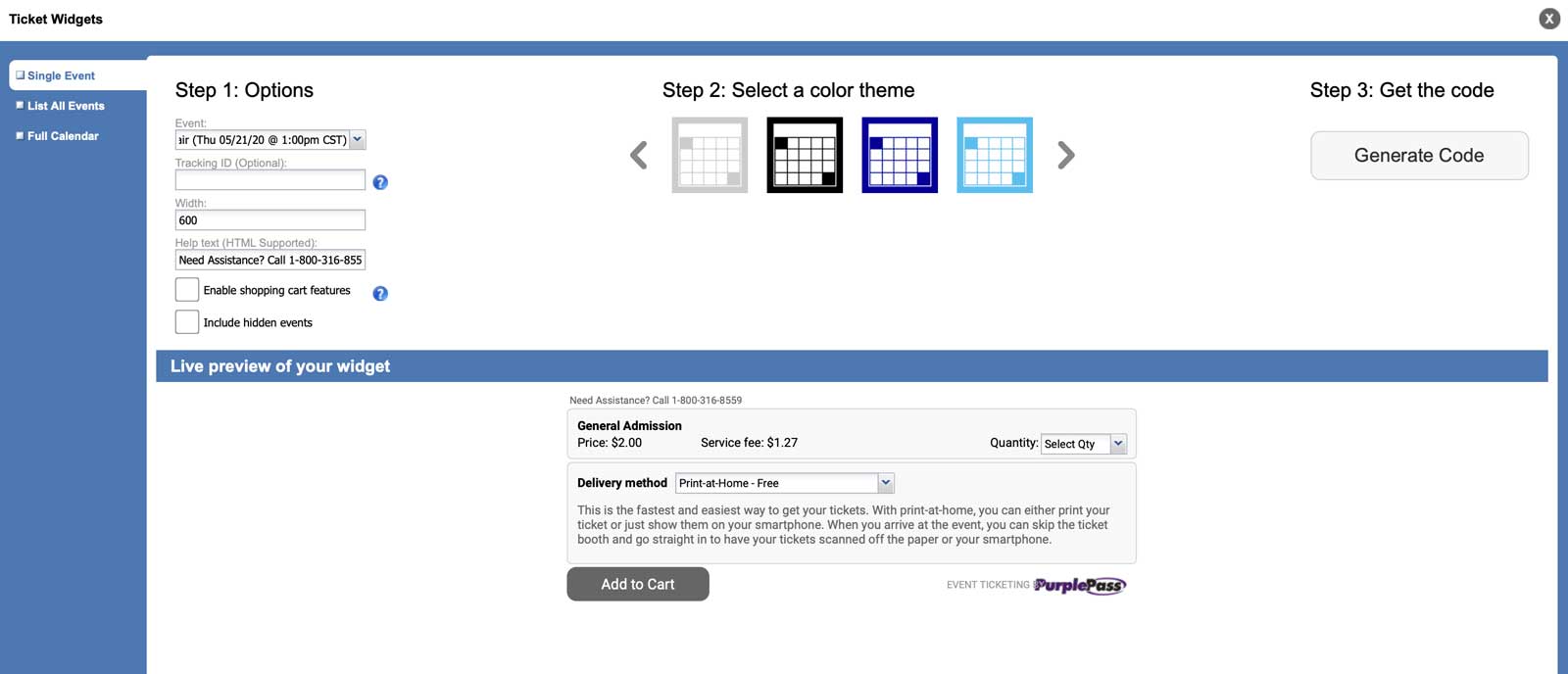 Ticket Widgets section of Purplepass account