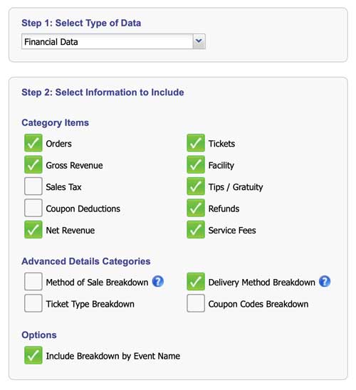 an online financial reports of ticket sales for events