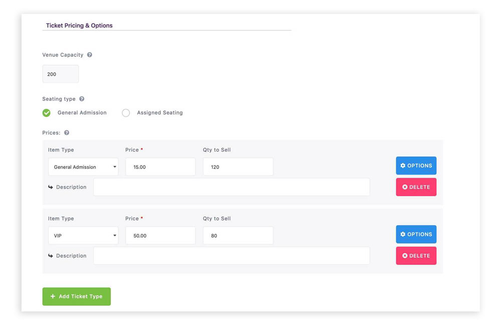 the ticket and pricing page for events in WordPress