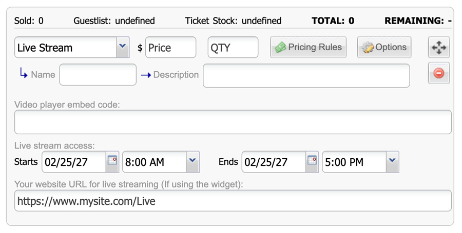 Creating live stream ticket types